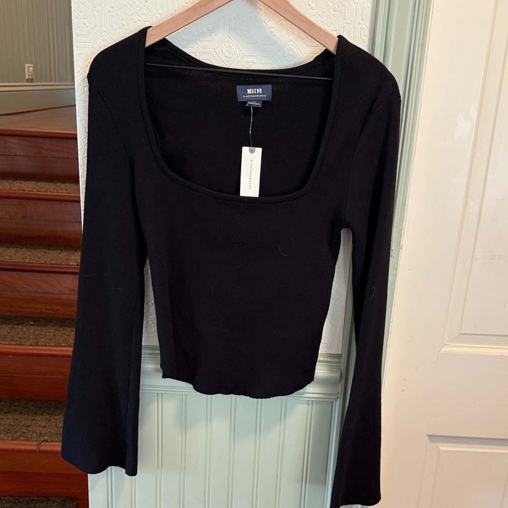 Anthropologie Maeve Square-Neck Bell-Sleeve Sweater size S BLACK